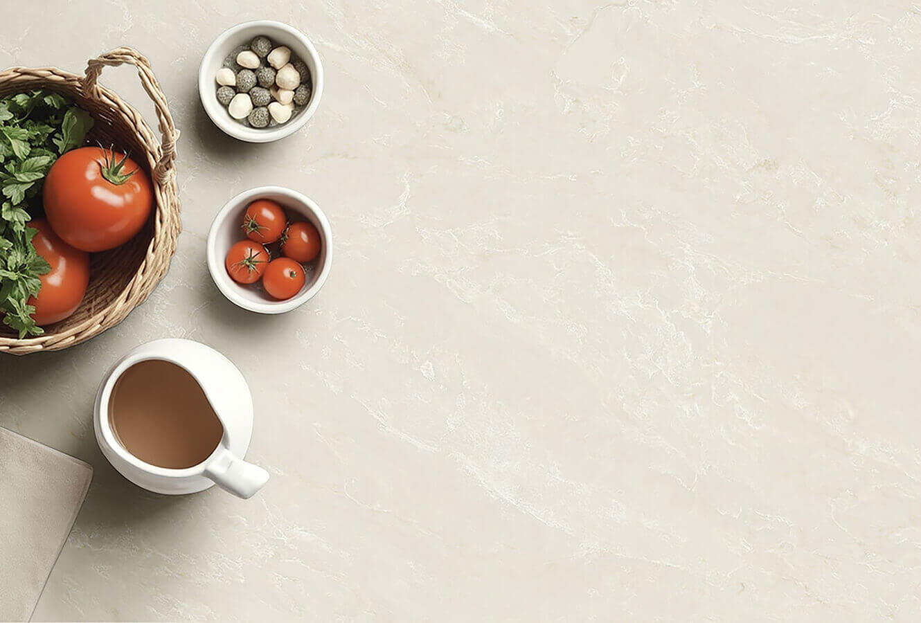 Mahal Mist Quartz Countertops With Tomatoes And Herbs In A Basket 