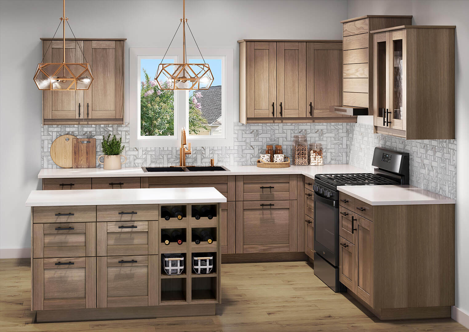 Malmo White Oak kitchen scene featuring range hood