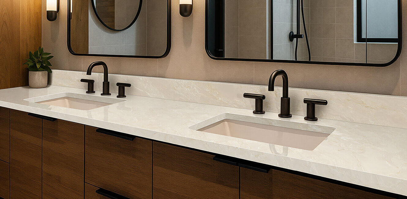 Mahal Mist Quartz On A Warm Woodgrain Vanity