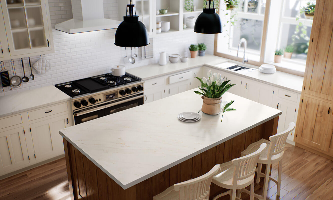 Kitchen With Serena Quartz Countertops And White Cabinets